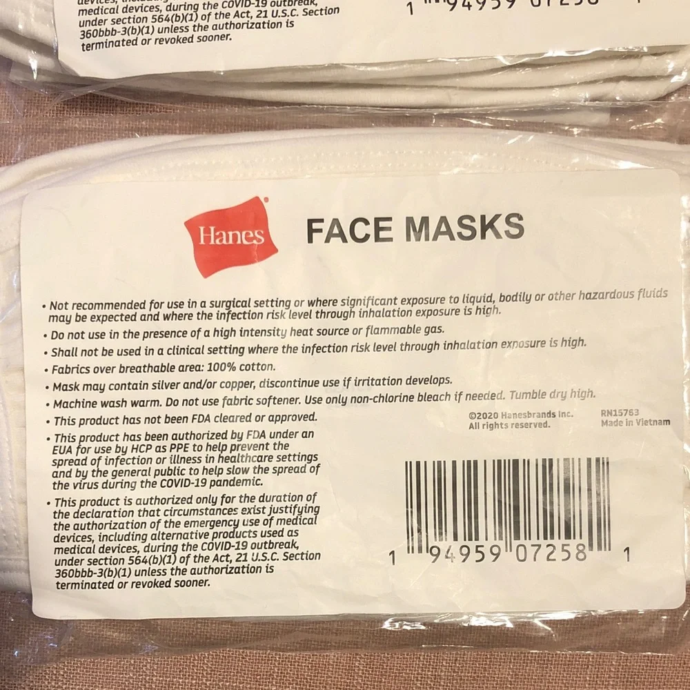 10 Hanes Soft White Cotton Face Masks